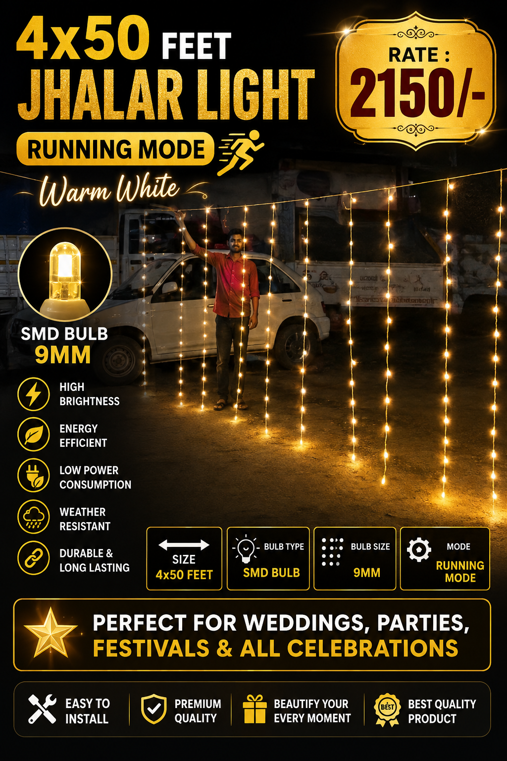 4x50 Feet Jhalar Light  Warm White  Running Mode 