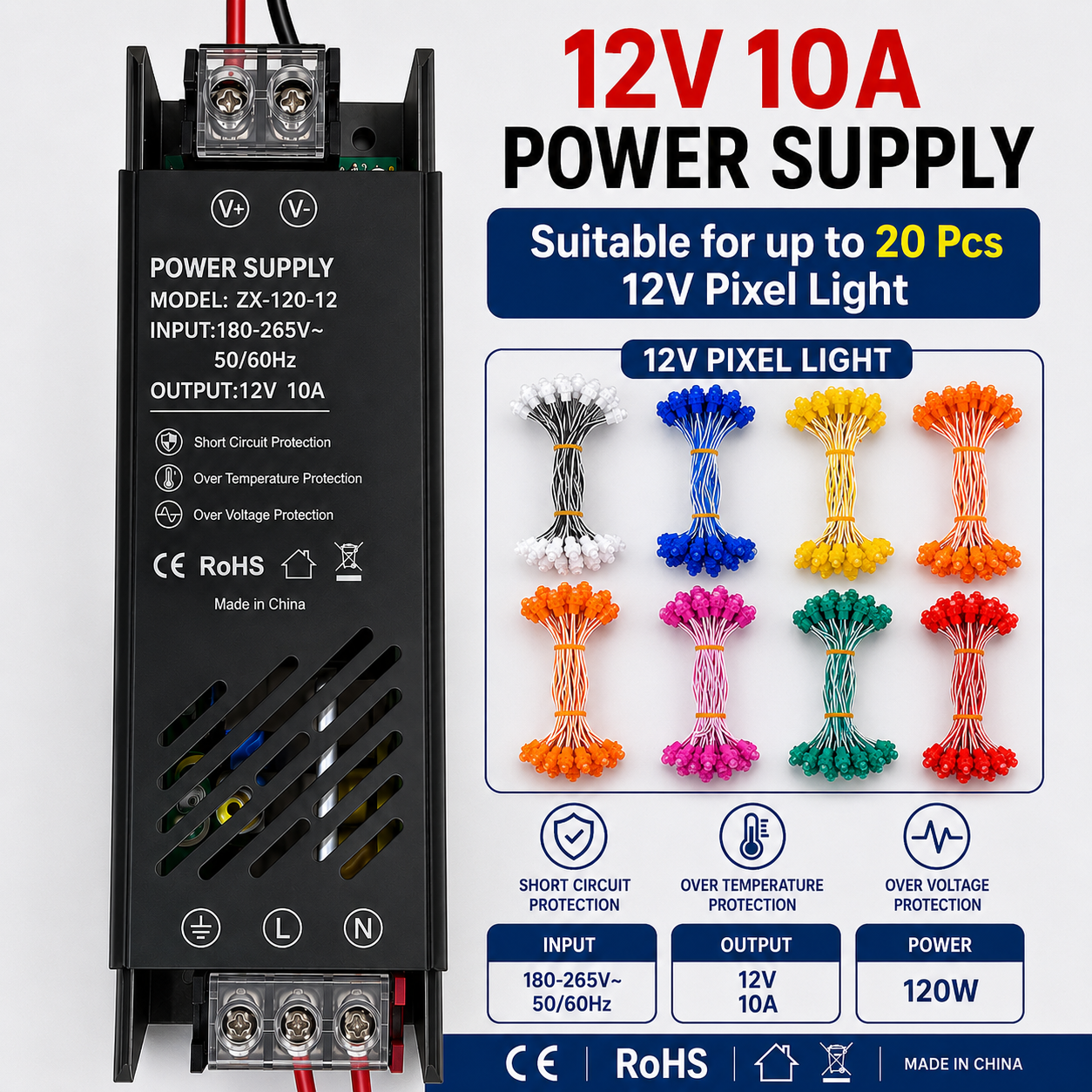 10amp 12V Power Supply  For Up To 20 Pcs Pixel Light